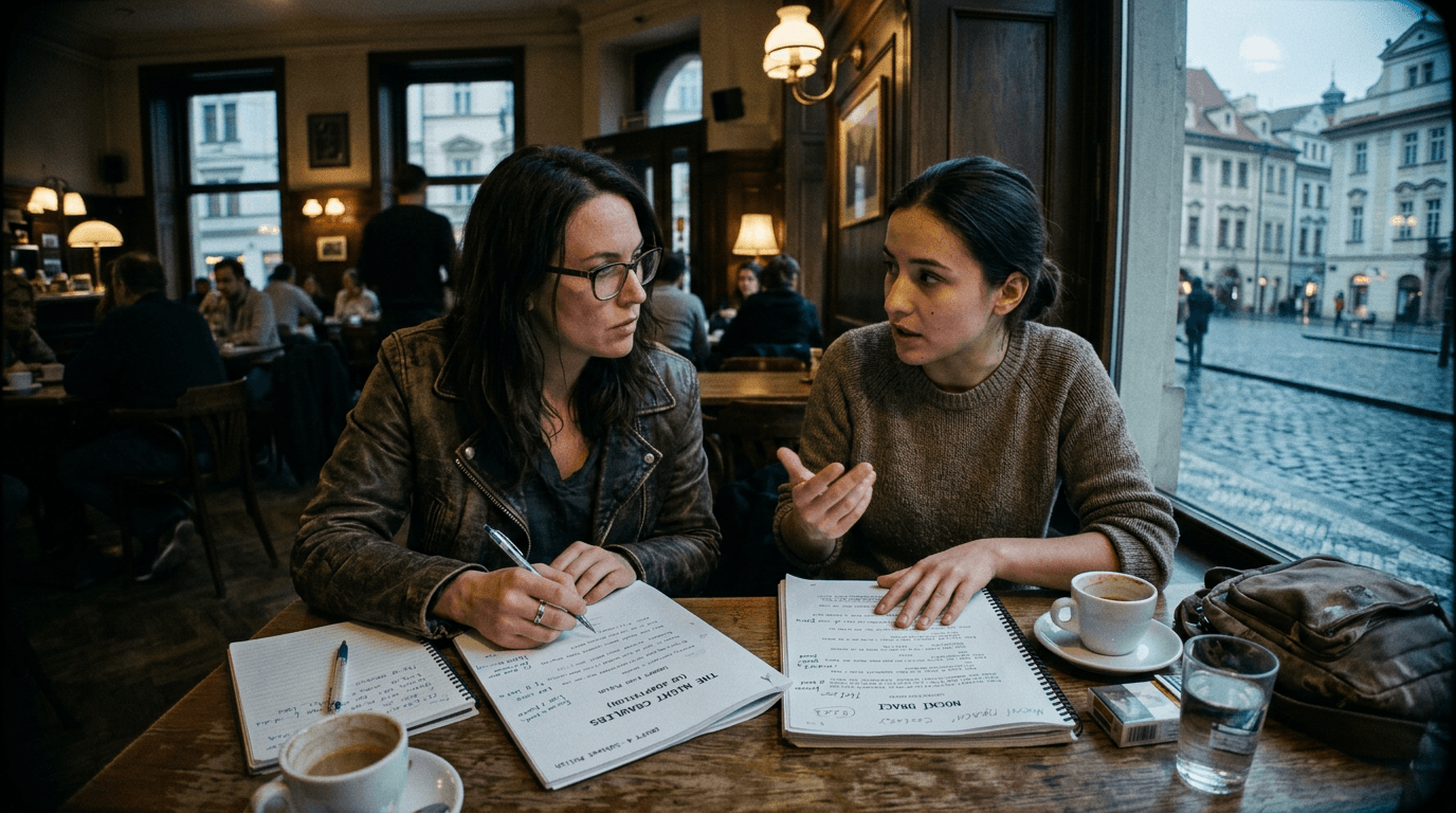 Cinematic workflow still, first angle, 35mm film grain