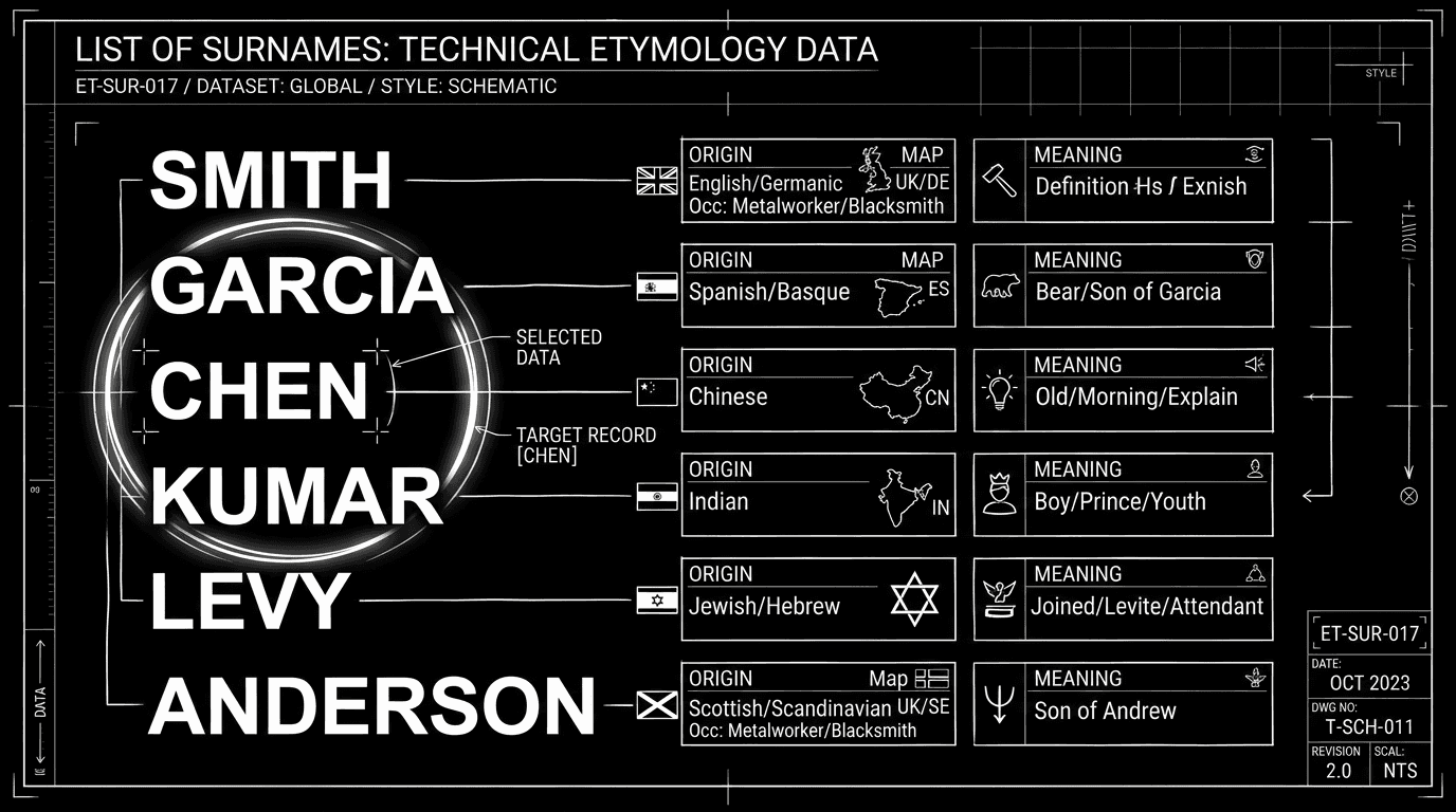 Prompt: Dark Mode Technical Sketch, list of surnames with small tags (origin, meaning), one circled, clean white lines on black --ar 16:9