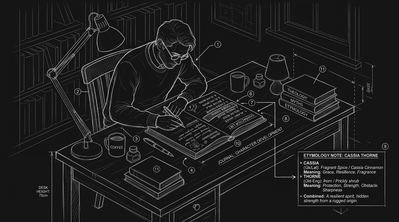 Prompt: Dark Mode Technical Sketch, writer at desk with character list and one name highlighted, etymology note beside it, thin white lines on black --ar 16:9