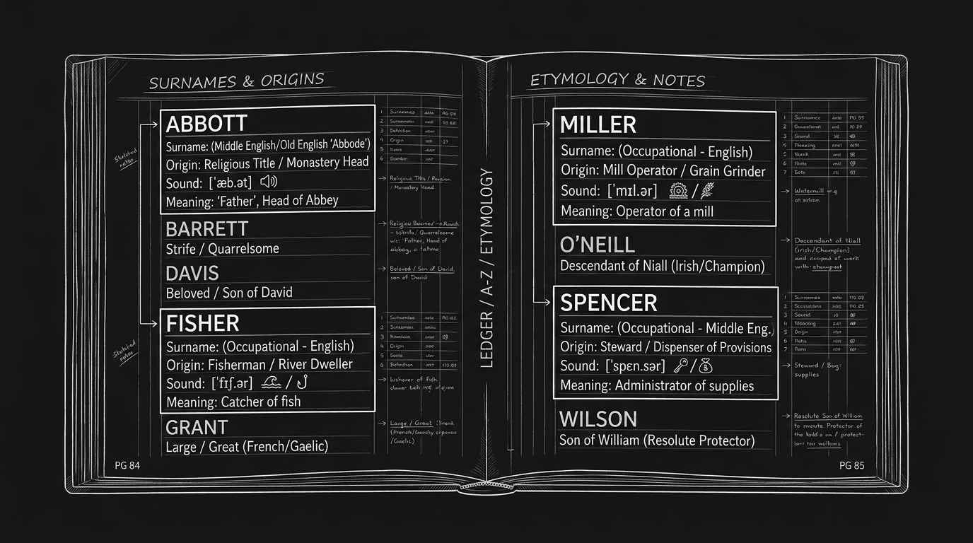 Dark mode technical sketch: name ledger with etymology and sound tags; thin white lines on black