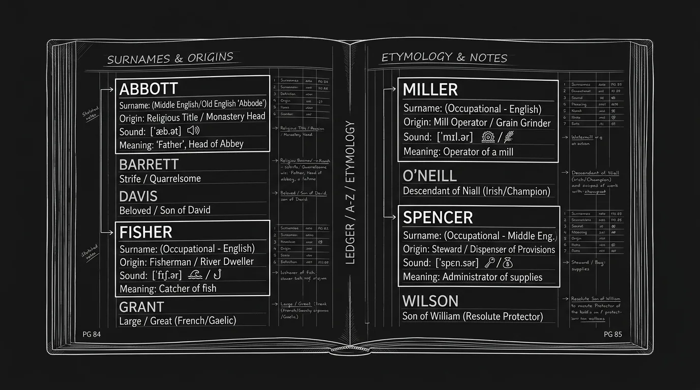 Dark mode technical sketch: name ledger with etymology and sound tags; thin white lines on black