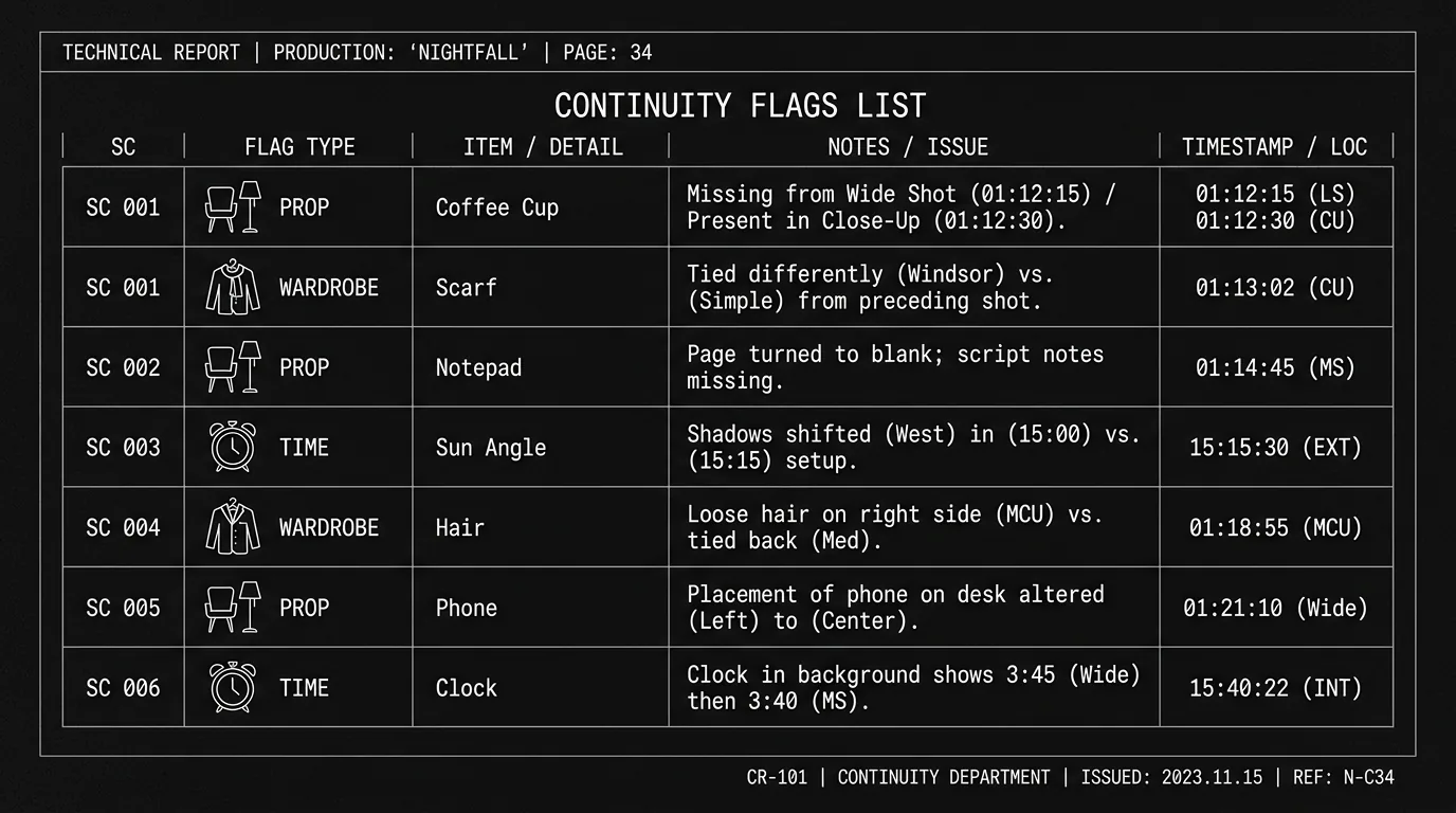 A report showing continuity flags organized by type; dark mode technical sketch, thin white lines on black background