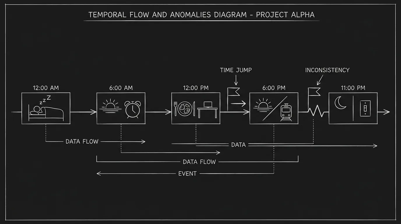 A timeline visualization showing scene time-of-day progression; dark mode technical sketch, thin white lines, black background