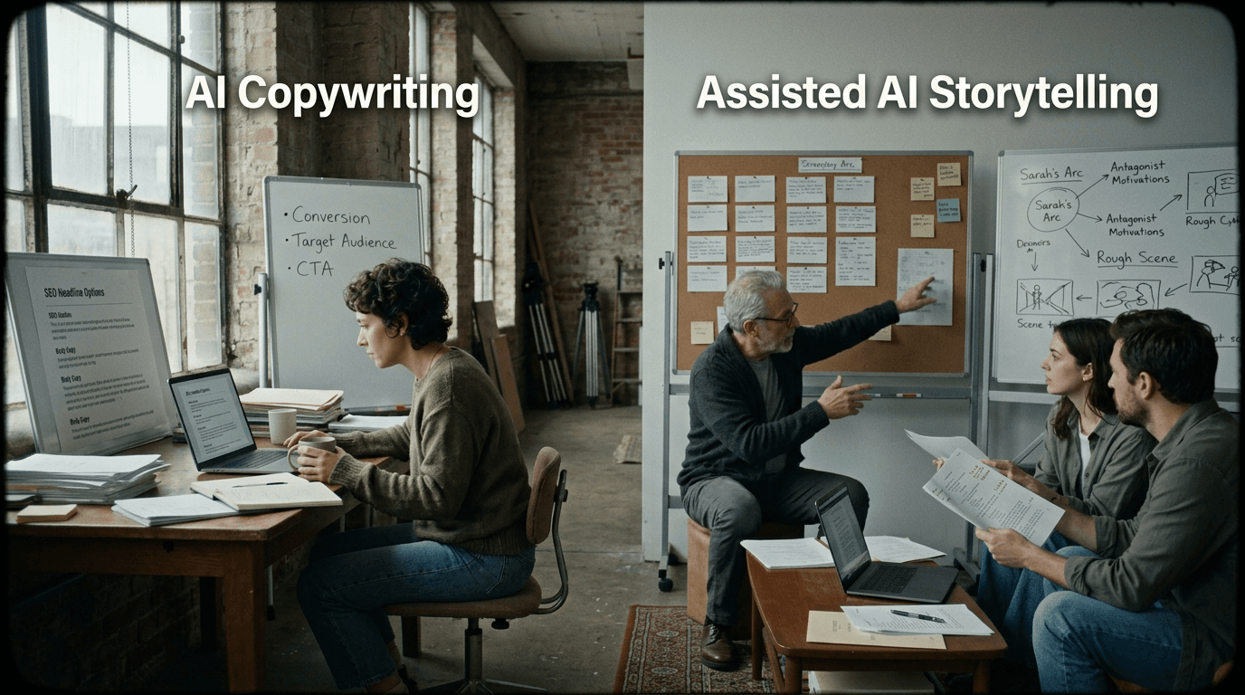 Cinematic workflow still, first angle, 35mm film grain