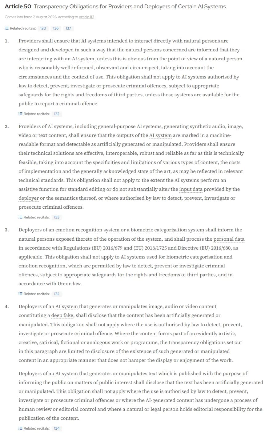 Paragraphs 1 to 4 of Article 50 of the EU AI Act, with paragraph 2 on machine-readable marking and paragraph 4 on deepfake disclosure and the exemption for evidently artistic, creative, satirical or fictional works
