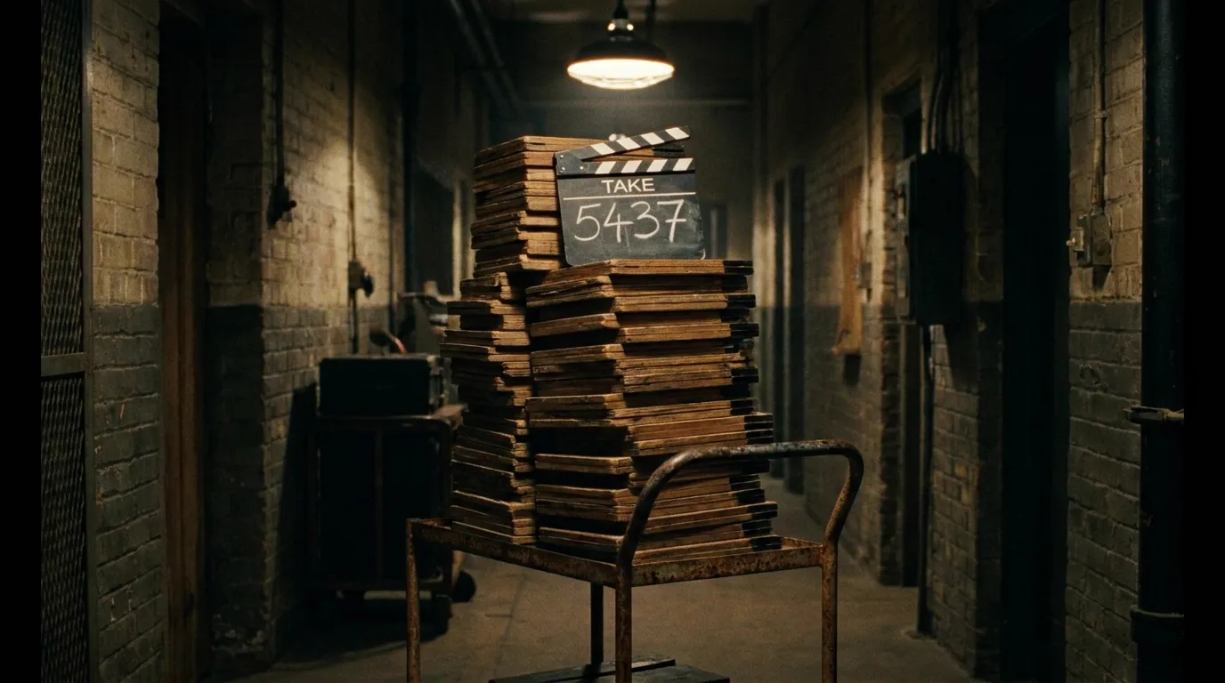 A stack of production clapperboards piled on a cart in a dim studio corridor, the top slate chalked with a high take number, cinematic still