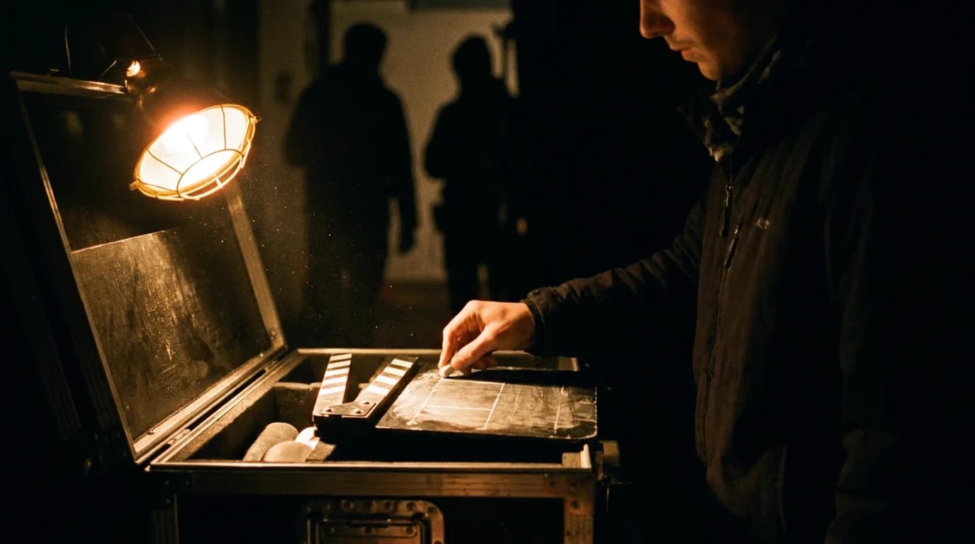 A camera assistant chalking fresh handwriting onto a black clapperboard slate on a flight case at night, lit by one hard work light with dust in the beam and crew silhouettes behind, cinematic still