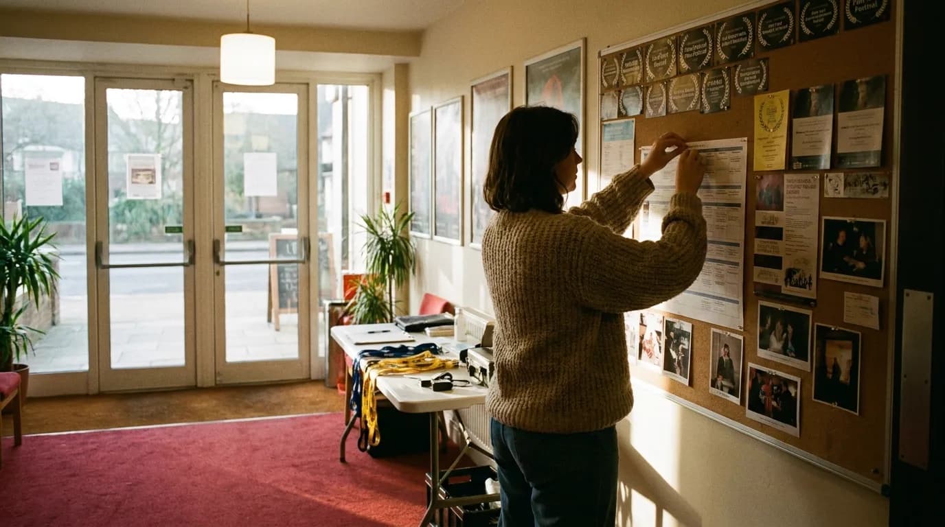A festival volunteer pinning a printed screening schedule to a crowded corkboard in the lobby of a small independent cinema, laurels layered on the board, morning light through the glass doors, cinematic still