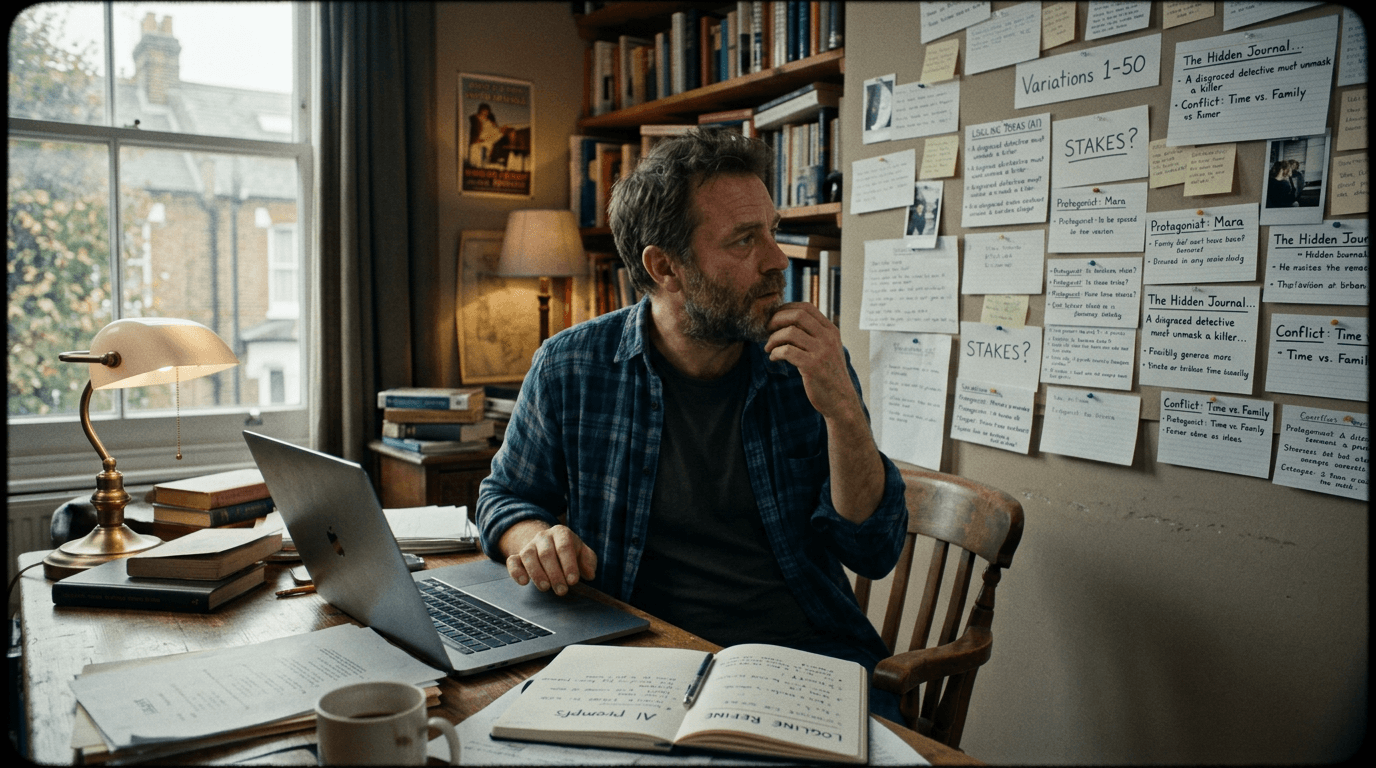 Cinematic workflow still, first angle, 35mm film grain