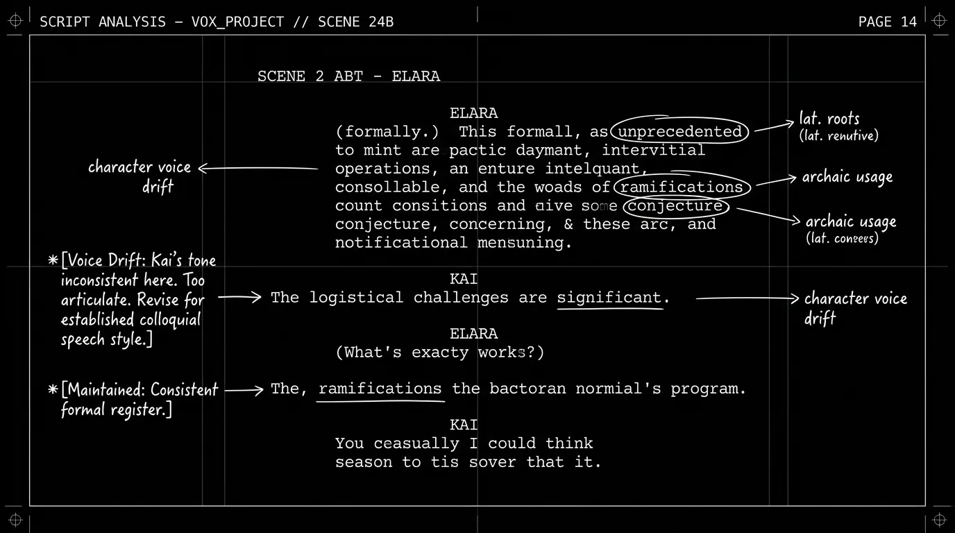 A script page with highlighted dialogue showing vocabulary analysis; dark mode technical sketch, thin white lines on black