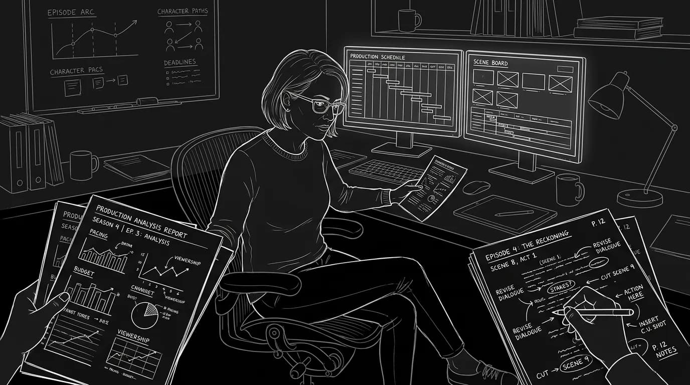 Showrunner at desk comparing tool output with script notes; dark mode technical sketch, thin white lines, black background