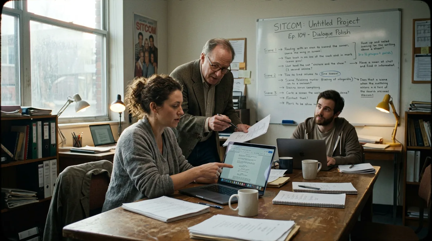 Dark mode technical sketch: writers room table with scripts and laptops showing dialogue analysis; thin white lines on black