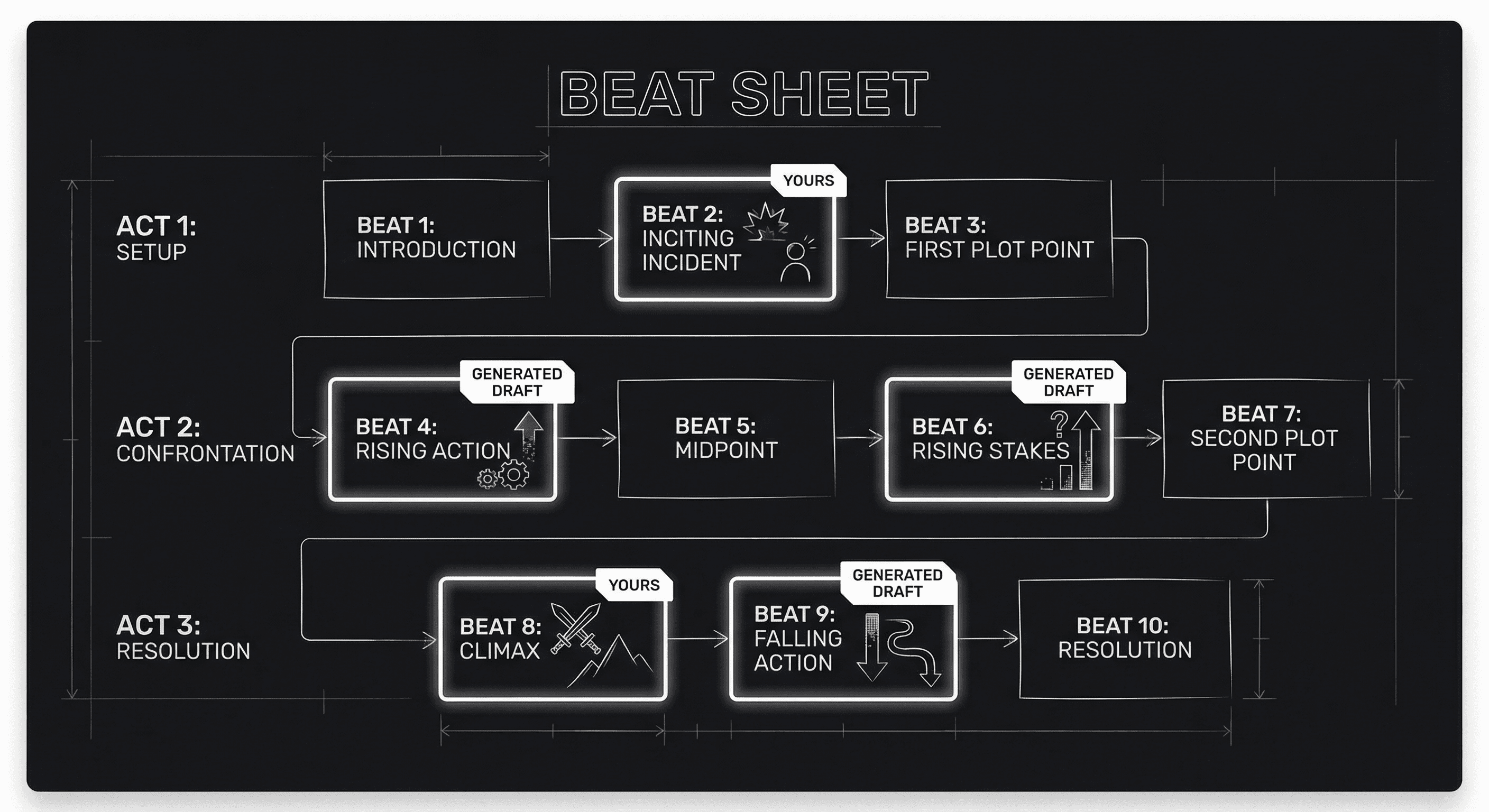 Prompt: Dark Mode Technical Sketch, beat sheet with a few beats highlighted as "yours" and a few as "generated draft," clean thin white lines on black --ar 16:9