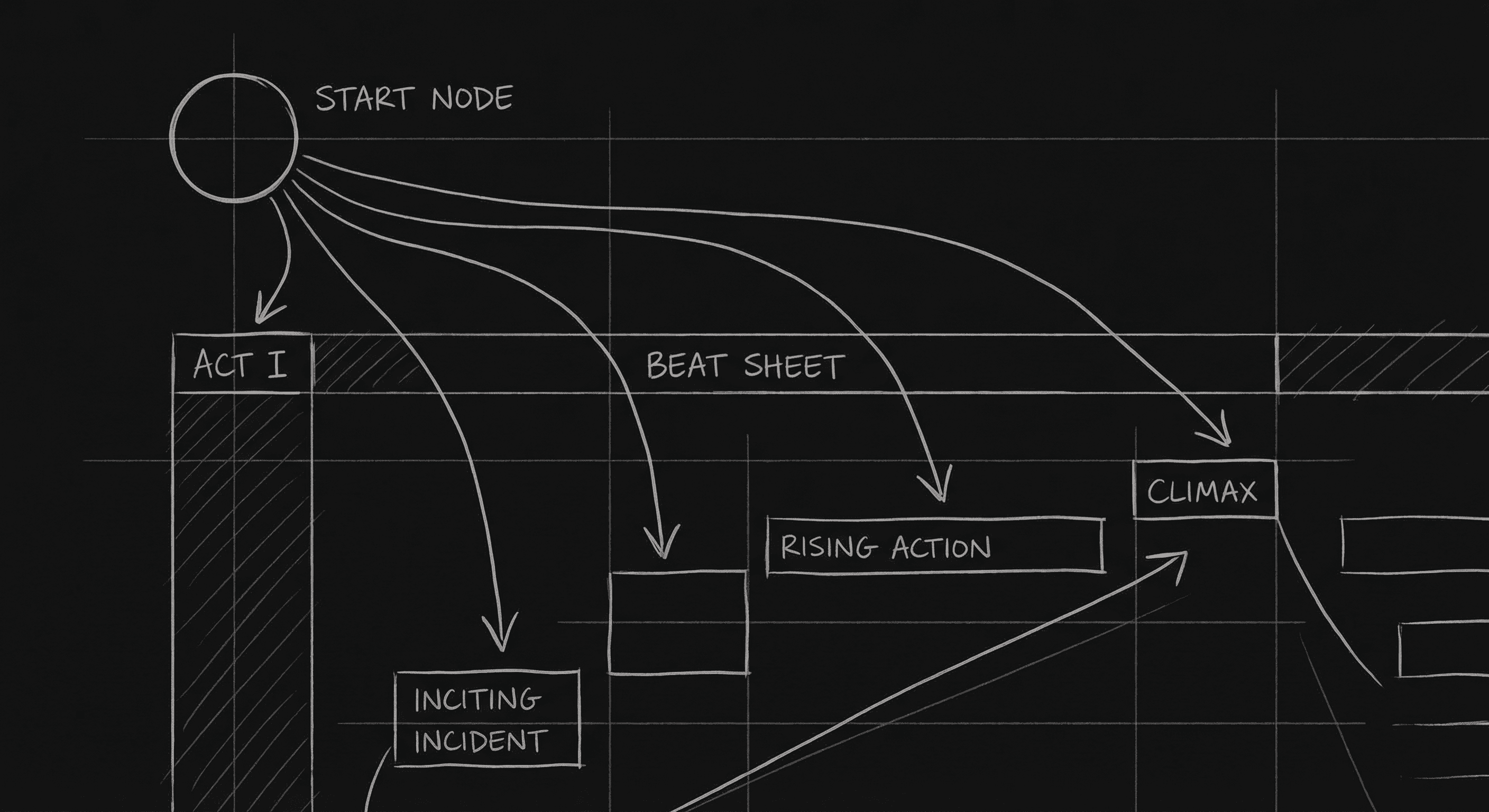 Blank page with branching outline; dark mode technical sketch