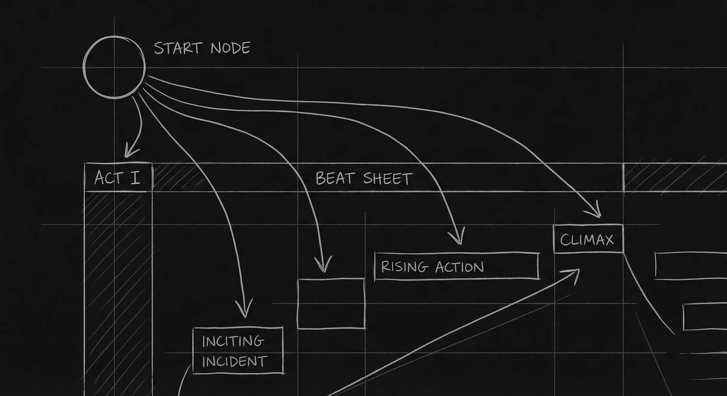 Blank page with branching outline; dark mode technical sketch