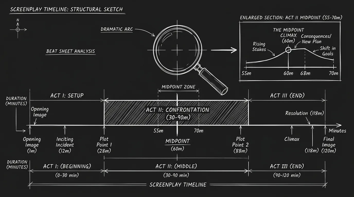 Dark mode technical sketch: second act highlighted on timeline with magnifying glass on flat section; thin white lines on black