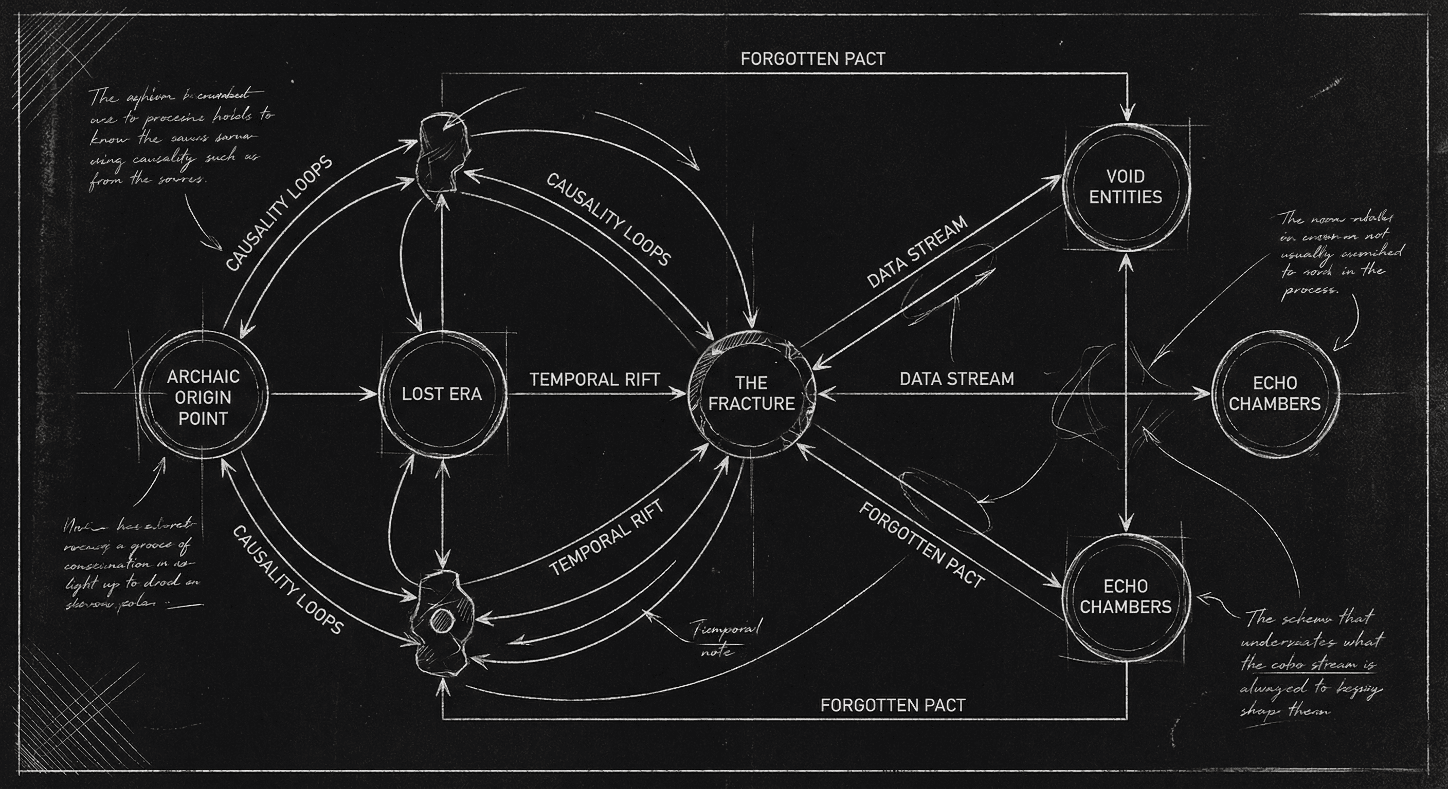 Map or schema of lore and facts; dark mode technical sketch