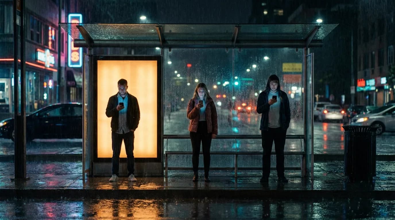 Three strangers at a covered bus stop on a rainy city night, each watching a vertical video on their phone, faces lit by the screens, an illuminated ad panel glowing behind them, cinematic still