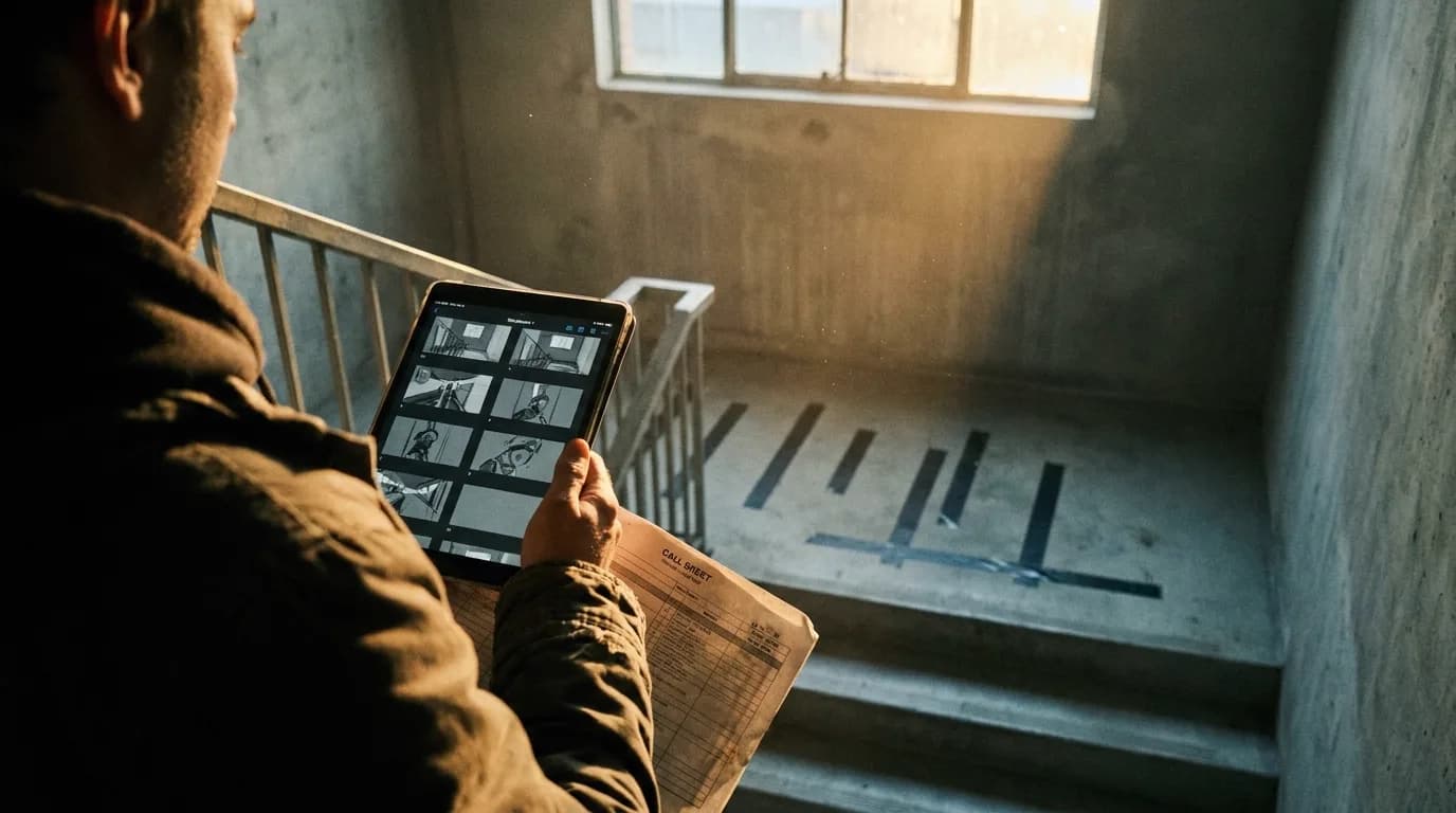 A first assistant director in a bare concrete stairwell in late afternoon, holding a tablet of grey storyboard frames out toward the empty landing, gaffer tape marks on the steps and a folded call sheet under one arm, cinematic still