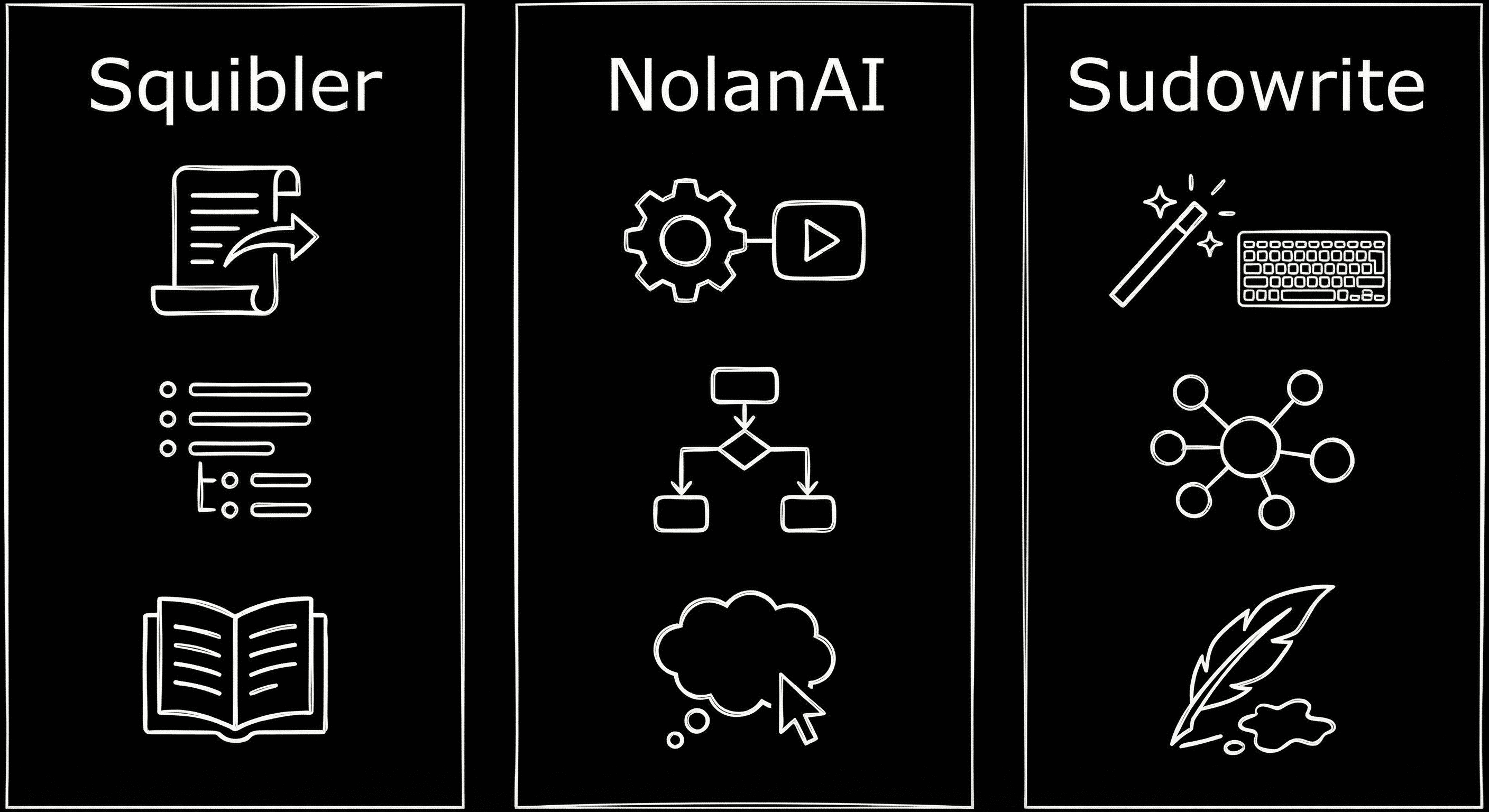 Prompt: Dark Mode Technical Sketch, three columns labeled Squibler, NolanAI, Sudowrite with minimal icons or shapes for script, outline, and prose—clean white lines on black, no 3D --ar 16:9