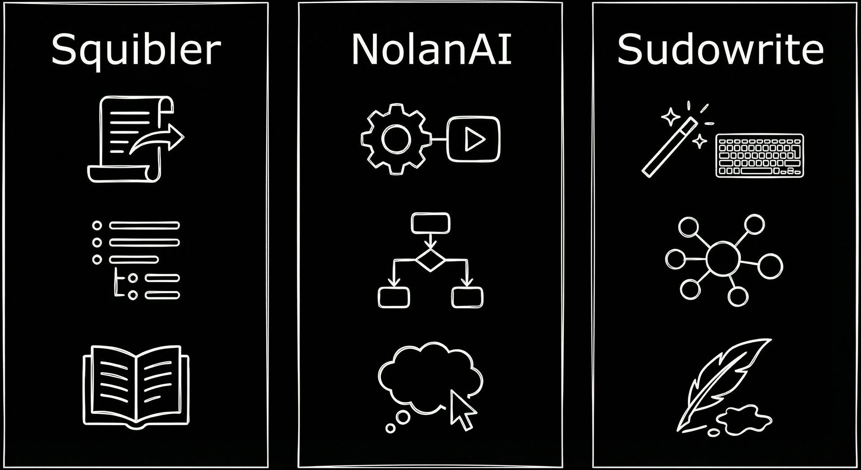 Prompt: Dark Mode Technical Sketch, three columns labeled Squibler, NolanAI, Sudowrite with minimal icons or shapes for script, outline, and prose, clean white lines on black, no 3D --ar 16:9