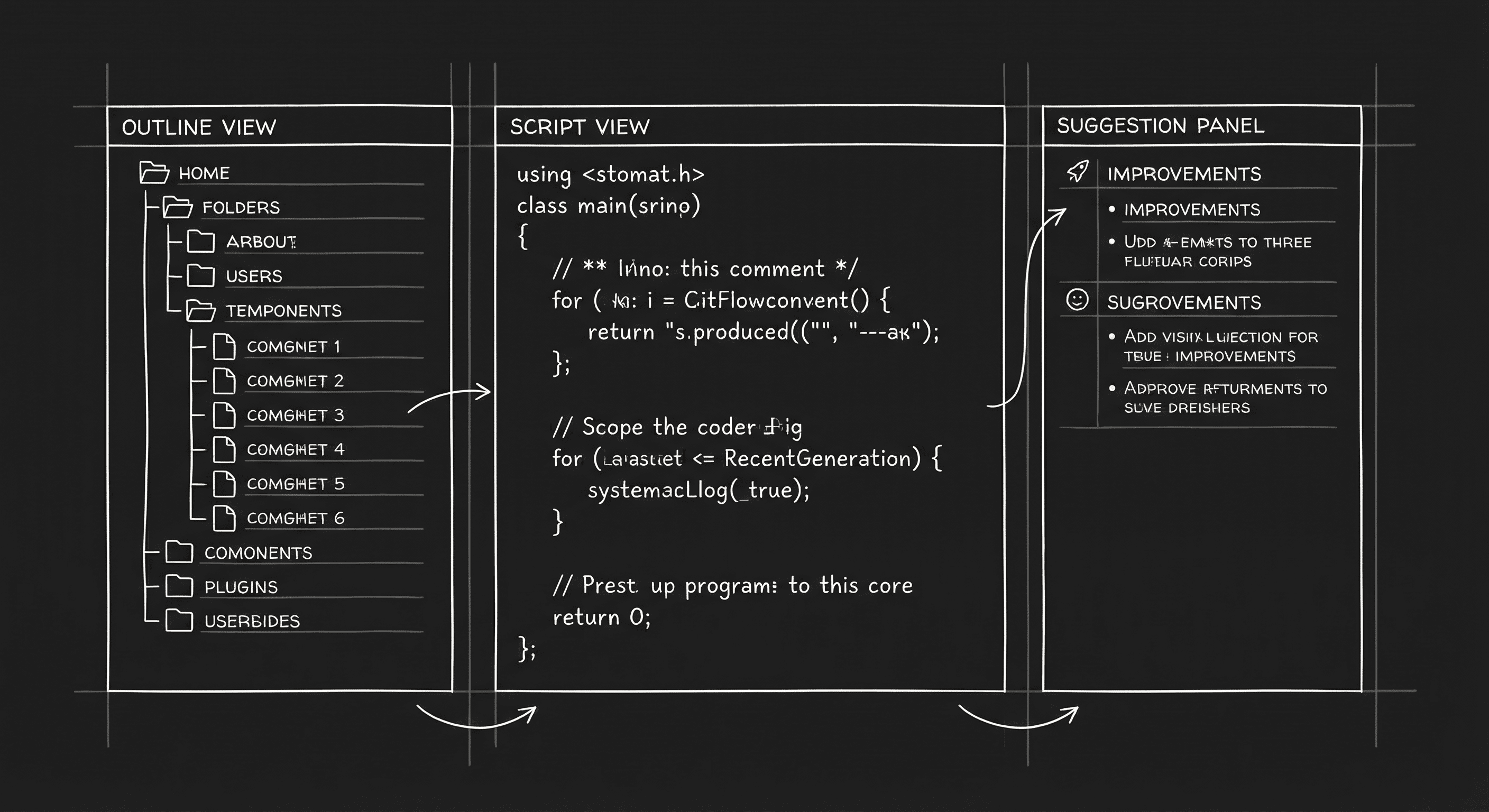 Three tool interfaces: outline, script, suggestion panel; dark mode technical sketch