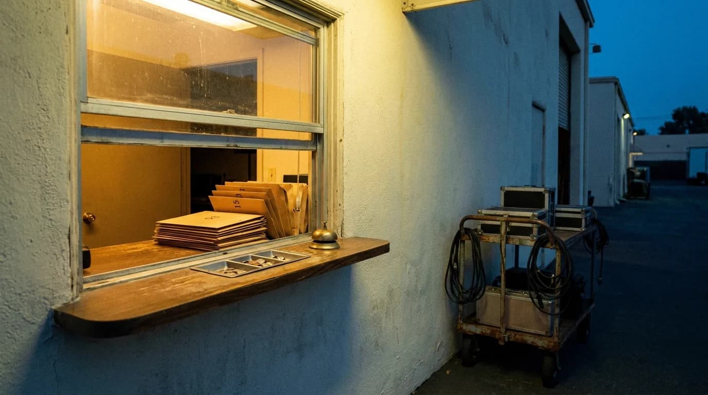 The service window of a production accountant's office on a studio backlot at dusk, a stack of numbered kraft envelopes and a coin tray on the worn wooden counter beside a brass bell, a wheeled equipment cart against the stucco wall outside, cinematic still