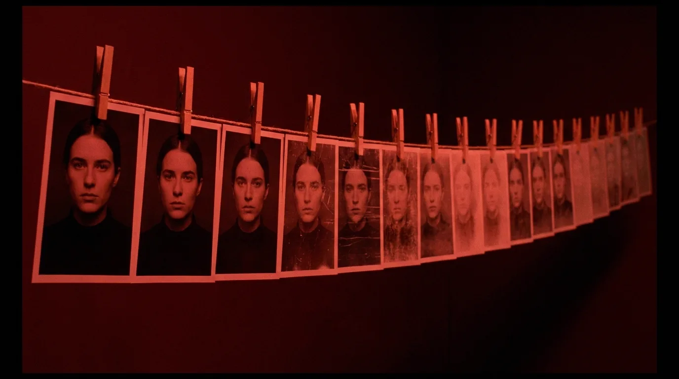 A darkroom under red safelight with the same film frame printed again and again pinned along a drying line, each print visibly more faded than the last, cinematic still