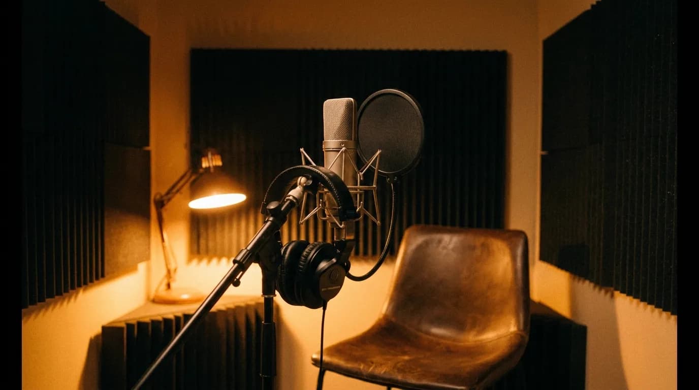 An empty voice-over recording booth in warm light, a single microphone with a pop filter, headphones hung on the stand, acoustic foam panels behind, cinematic still