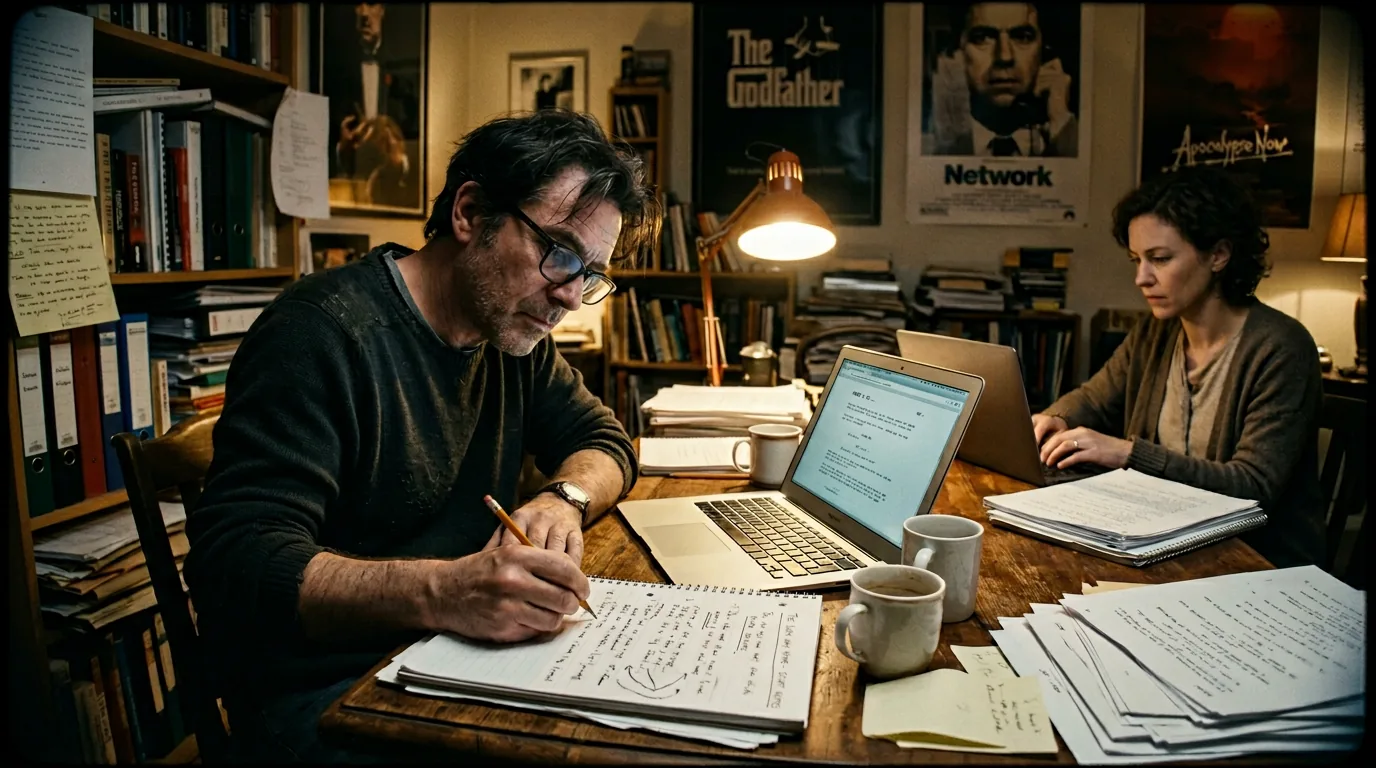 Dark mode technical sketch: writer at desk with both analog tools and digital assistance; thin white lines on black