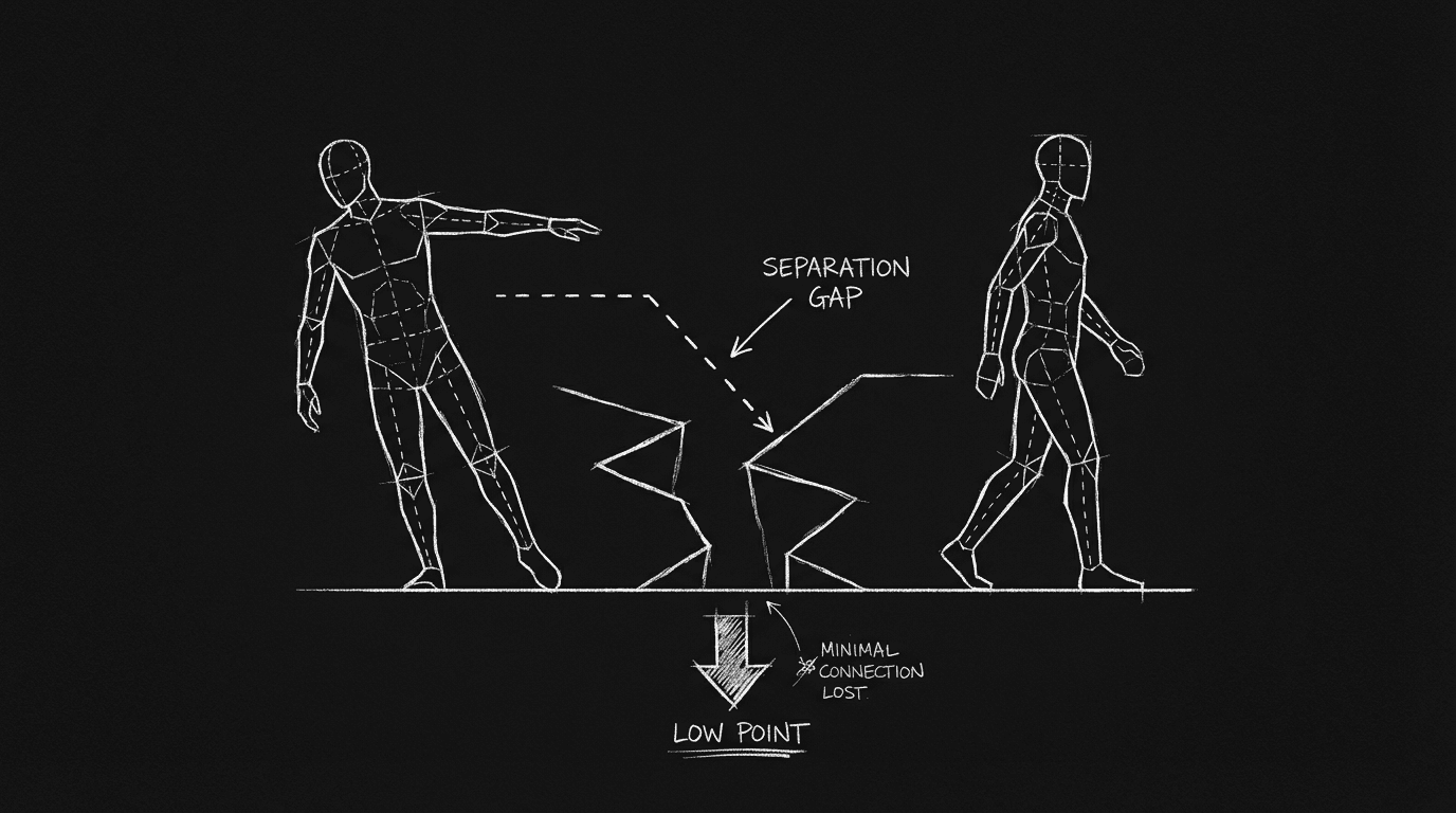 Two figures breaking apart; dark mode technical sketch