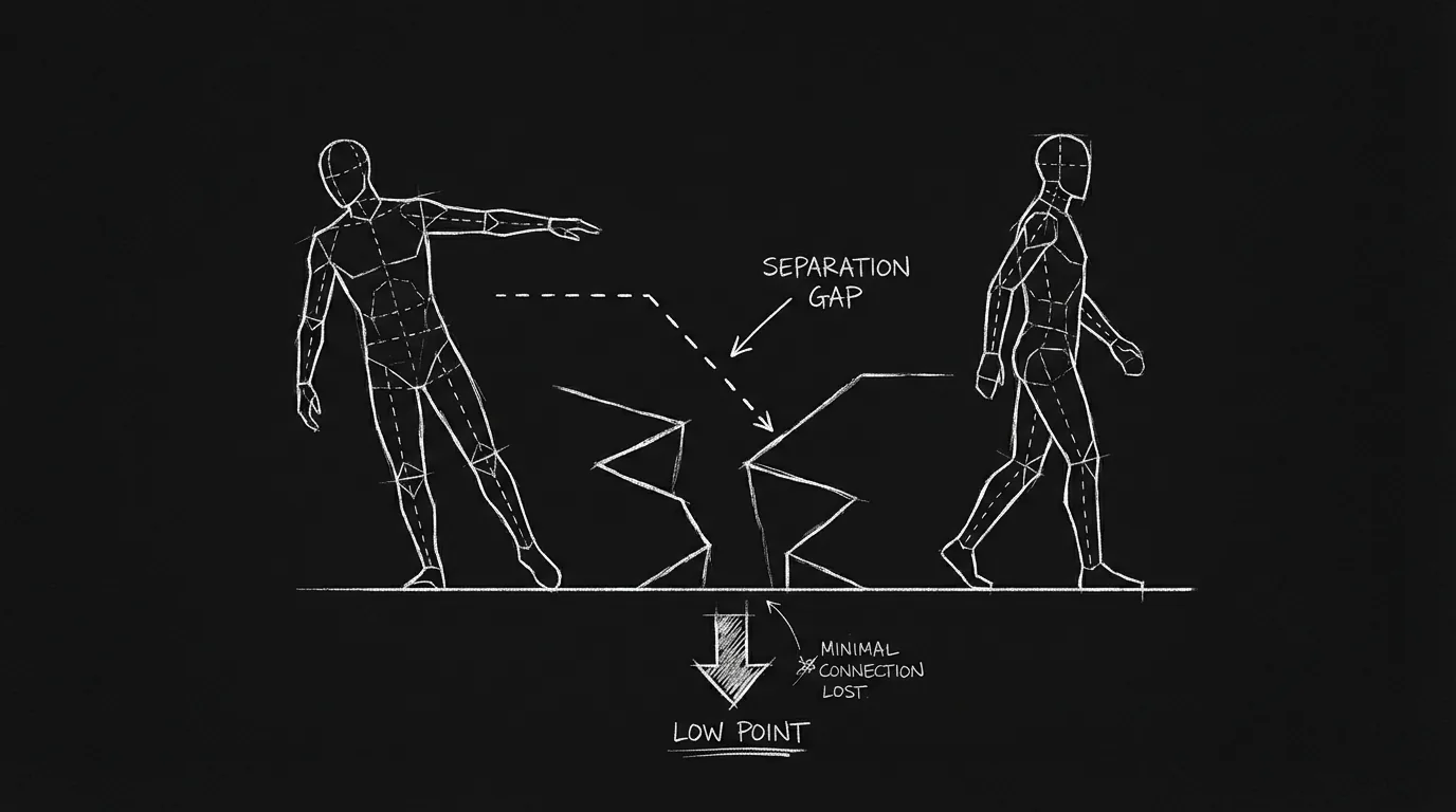 Two figures breaking apart; dark mode technical sketch