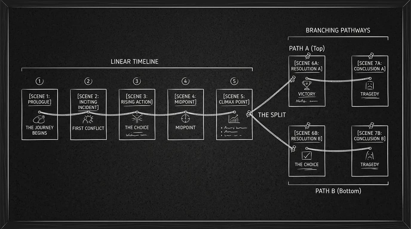 A writer's corkboard with scene cards connected to two different endings; dark mode technical sketch, thin white lines on black