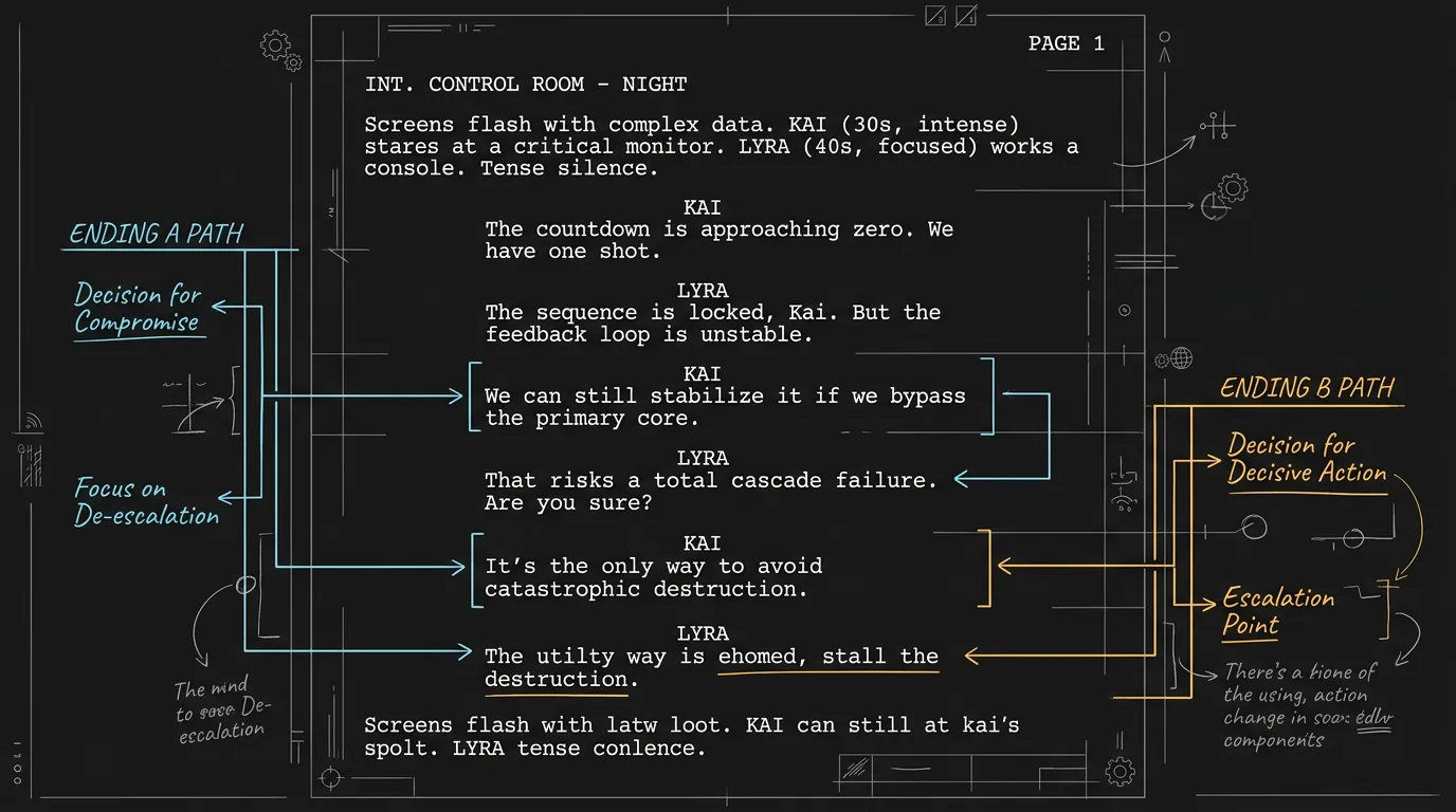 A script page with annotations showing which lines serve which ending; dark mode technical sketch, thin white lines, black background