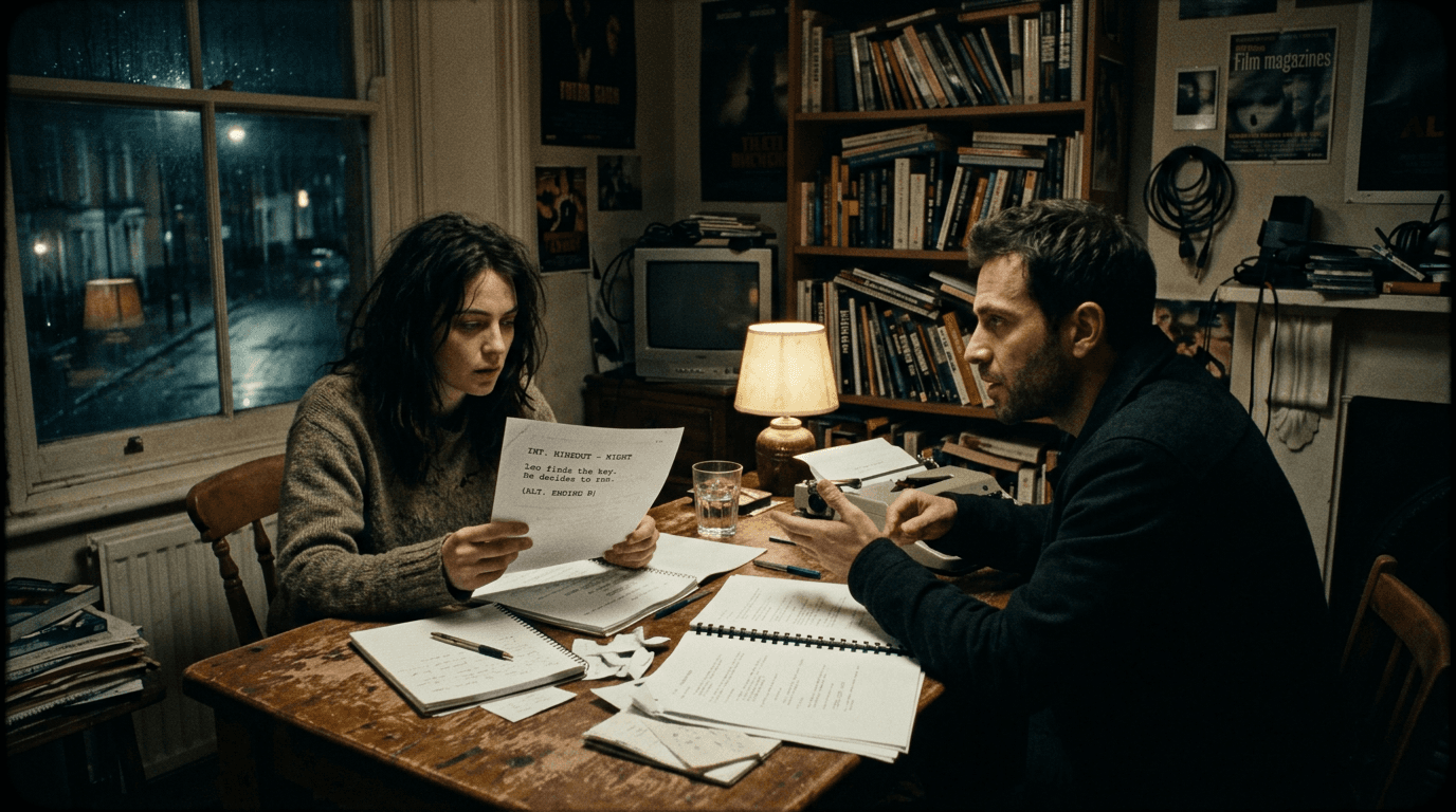 Cinematic workflow still, first angle, 35mm film grain