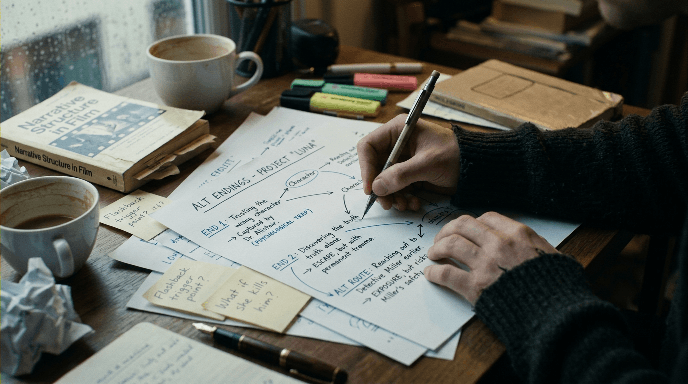 Cinematic workflow still, second angle, 35mm film grain