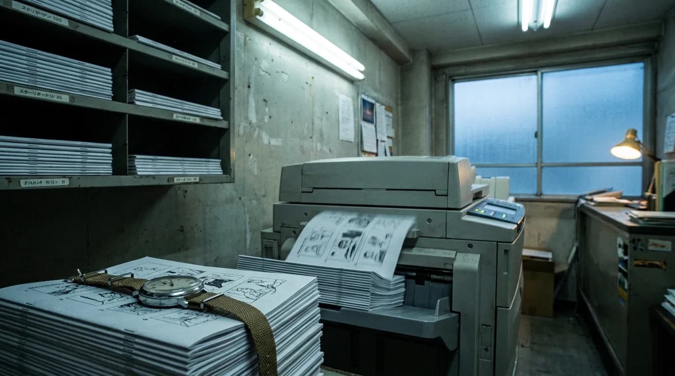 The print room of a Tokyo animation studio before dawn, an A3 copier pushing out sheets of hand-drawn storyboard panels, stapled booklets in labelled steel pigeonholes and a stopwatch resting on the nearest stack, cinematic still