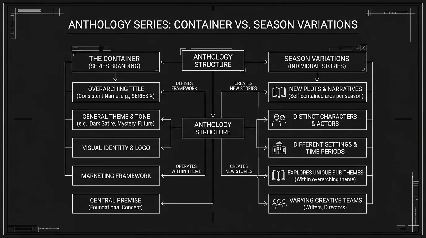 Concept map showing anthology container and season variations; dark mode technical sketch, thin white lines on black background