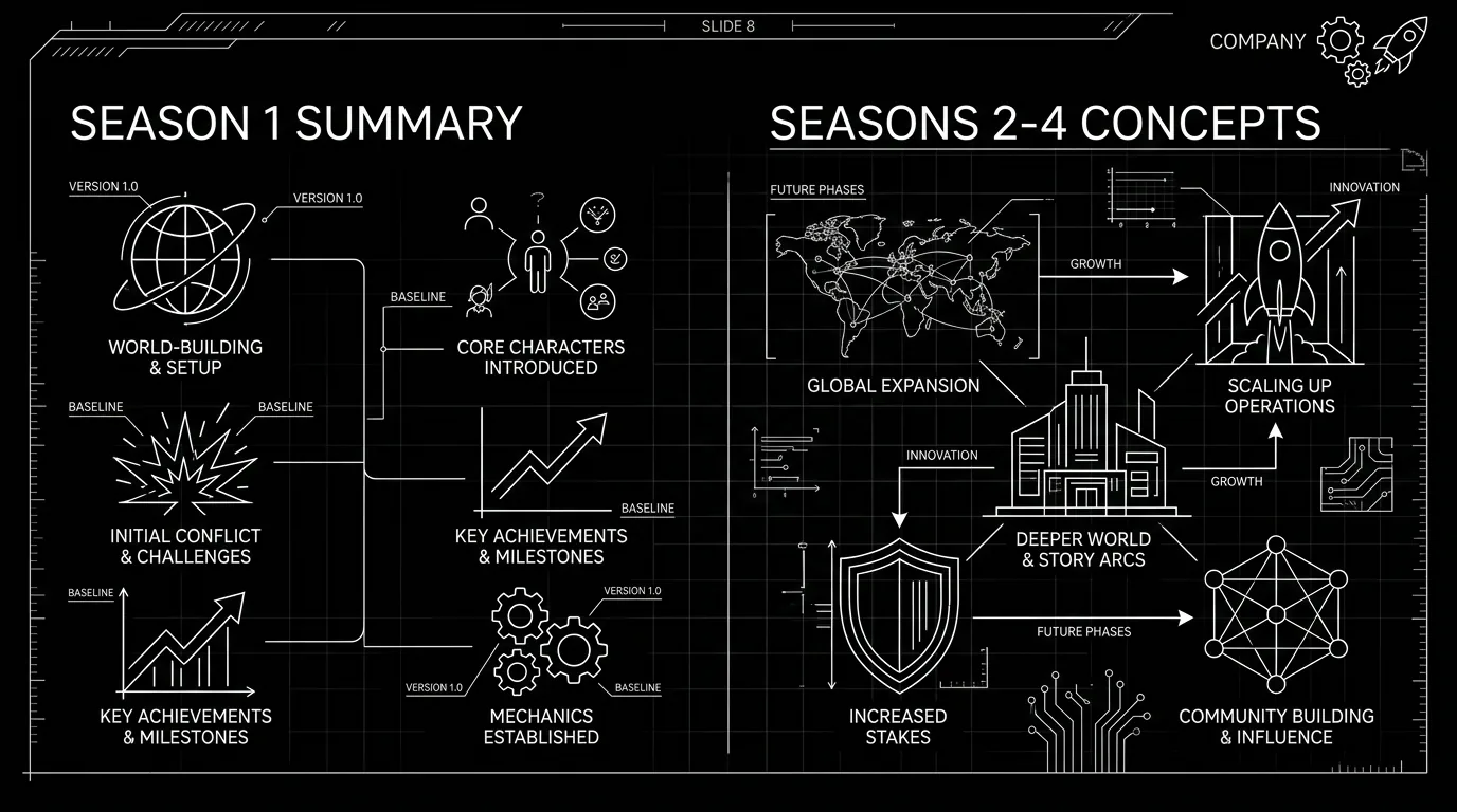A pitch deck slide showing Season 1 summary and Season 2-4 concepts; dark mode technical sketch, thin white lines on black background