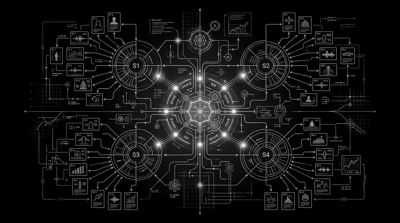 Series concept pitch with multiple season themes; dark mode technical sketch, black background, thin white lines