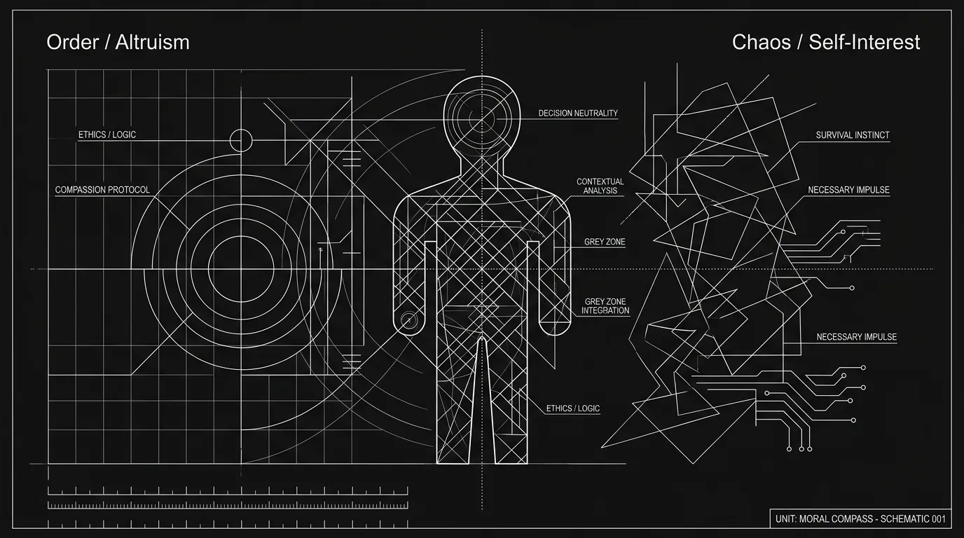 Figure in moral gray; dark mode technical sketch