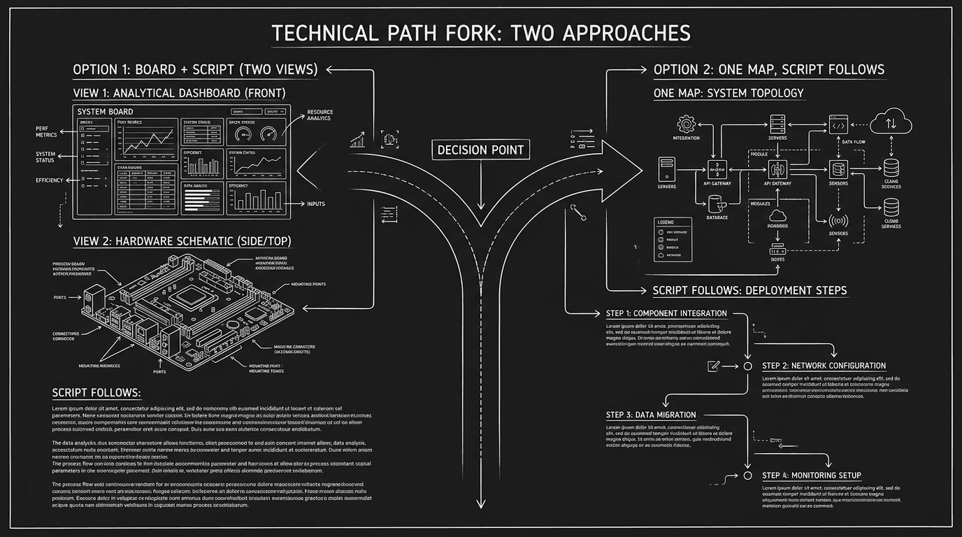 Dark mode technical sketch: two paths—beat board only vs. timeline that rewrites script; thin white lines on black