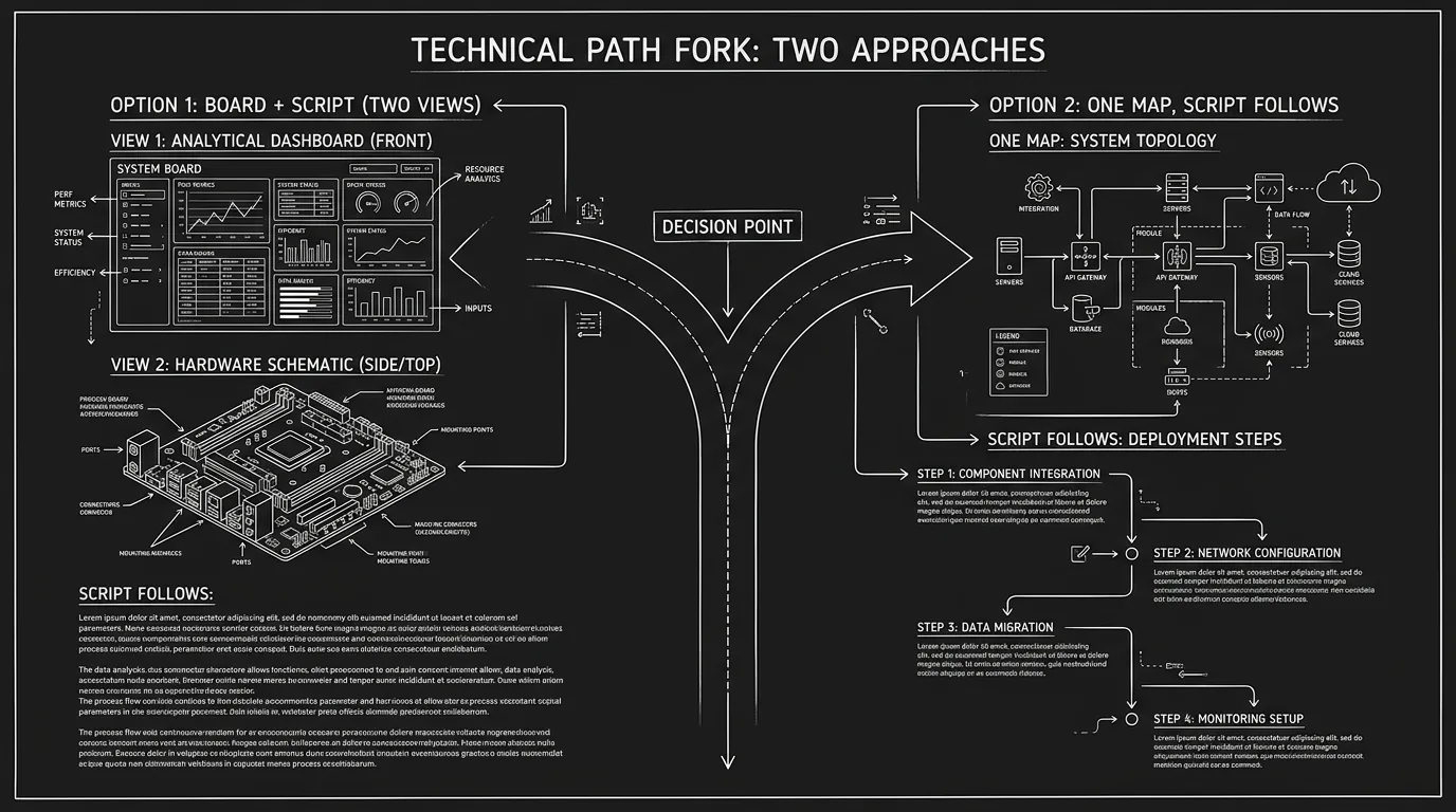 Dark mode technical sketch: two paths, beat board only vs. timeline that rewrites script; thin white lines on black