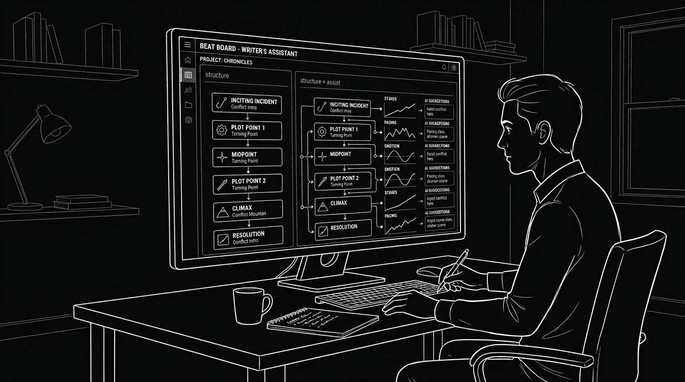 Dark mode technical sketch: writer at desk; beat board on screen; "structure only" vs "structure + assist" label