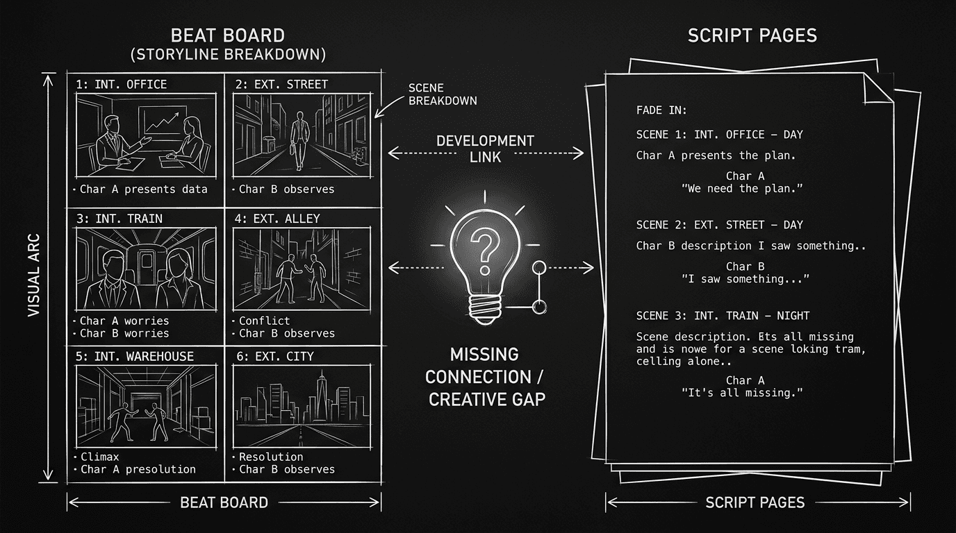 Dark mode technical sketch: beat board and script with gap; creative-assist symbol; thin white lines on black