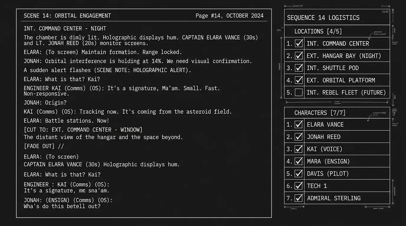 Dark mode technical sketch: script and a panel listing locations and characters; thin white lines on black