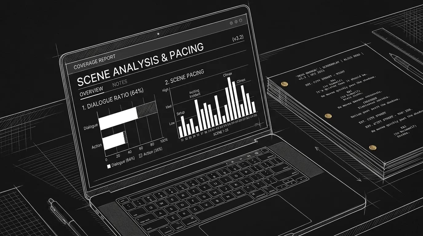 A laptop showing a script coverage report with metrics; dark mode technical sketch, thin white lines on black