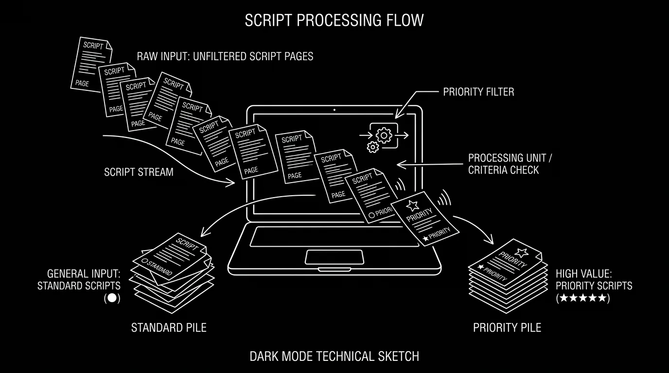 A stack of scripts with a laptop filtering them visually; dark mode technical sketch, thin white lines, black background