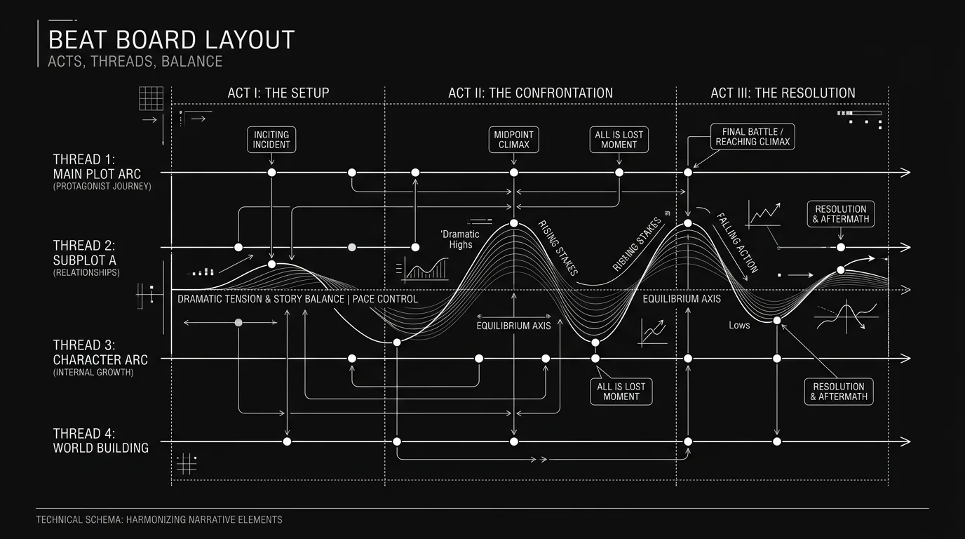 Beat board layout: acts, threads, balance; dark mode technical sketch