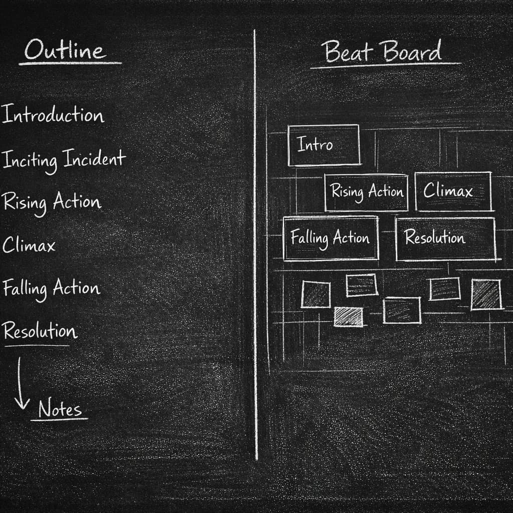 Beat board: cards on a board vs linear outline; dark mode technical sketch